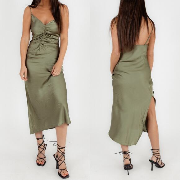 ASTR the Label Valinda Olive Green V Neck Ruched Slip Dress Medium - Picture 2 of 8